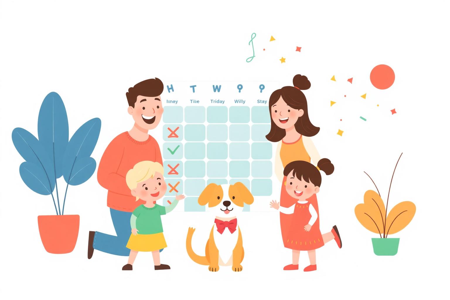 Familie organisiert ihren Alltag an einem großen Kalender